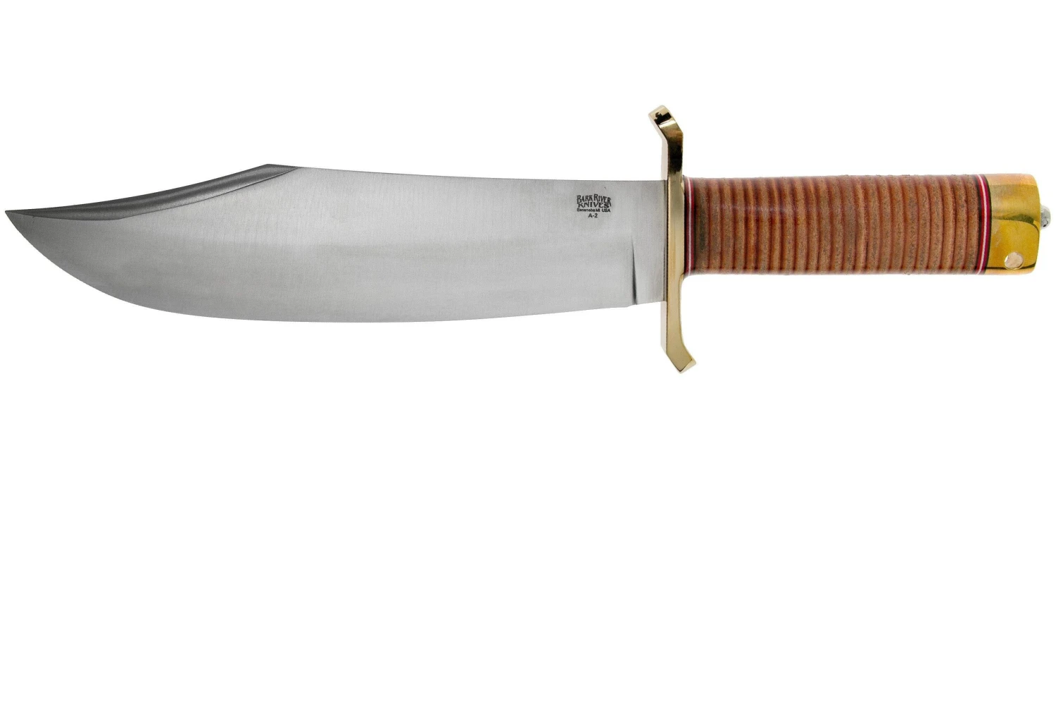 Bark River V-44 Bowie A2 Stacked Leather, Brass Double Quillion, Cuchillo Bowie