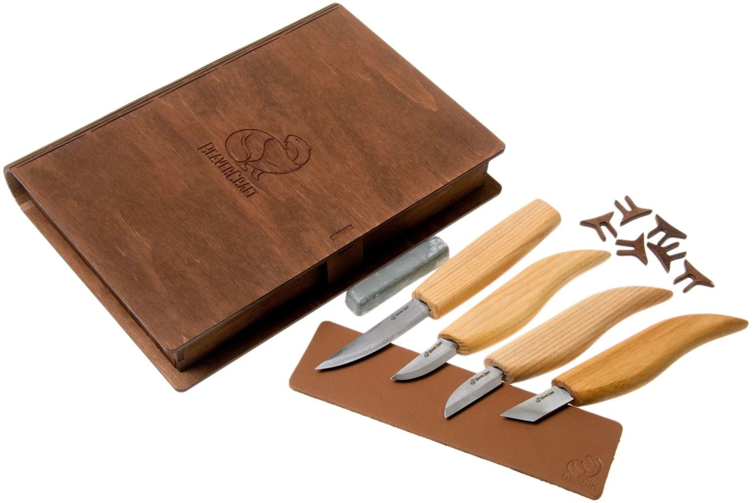 BeaverCraft Basic Set Of 4 Knives S07 Juego De Talla De Madera Con Libro De Almacenamiento De Madera