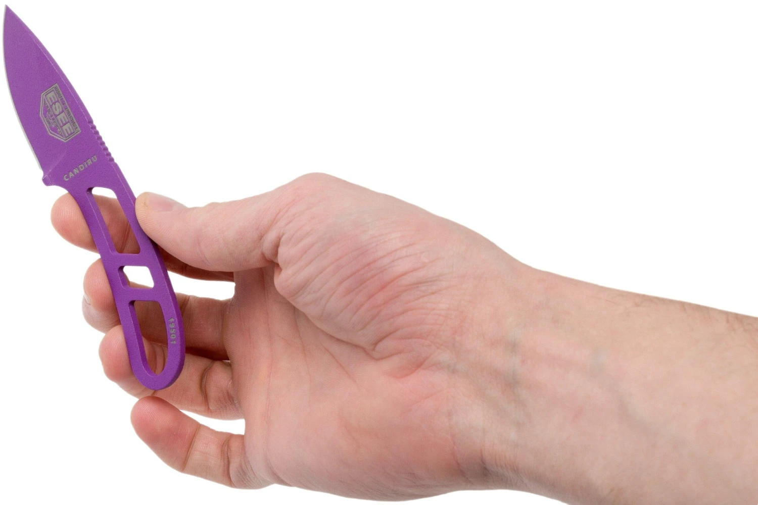 ESEE Candiru Purple CAN-PURP Cuchillo De Cuello Con Funda Blanca + Clip De Cinturón - Imagen 5