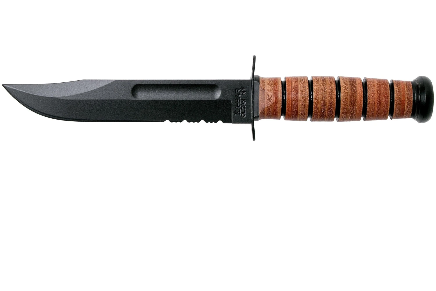 KA-BAR USMC 5018 Parcialmente Dentado, Mango De Cuero, Funda De Plástico